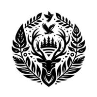 A symmetrical black and white emblem of a majestic stag centered in a circular leafy , with birds and pine trees, exuding a harmonious natural aesthetic. vector