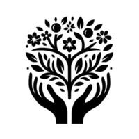 Symbolic black and white illustration of nurturing hands cradling a flourishing tree with leaves, flowers, and fruit, representing growth and care. vector