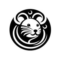 A stylized, featuring a smiling mouse in a circular frame with abstract, swirling elements, rendered in bold black and white. vector