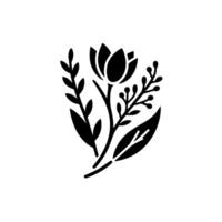 A minimalist black and white botanical illustration of a flower and foliage arrangement on a clean white background, showcasing natures elegance. vector