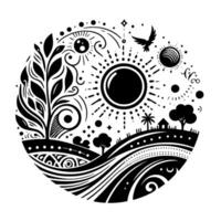 A circular monochrome illustration depicting a stylized landscape, with sun, moon, tree, and bird, in an intricate black and white . vector