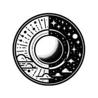 Day and Night Celestial Mandala A Circular Illustration Depicting Sun, Moon, Stars, and Clouds, Symbolizing Times Passage. vector