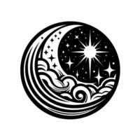Celestial YinYang Black and white circular artwork depicting a crescent moon, starfilled night sky, sun, and stylized clouds. vector