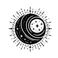 A minimalist, celestial illustration of a crescent moon cradling a starfilled inner circle, framed by radiating bursts and dots, all in striking black and white. vector