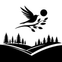 Black and White Silhouette Flying Bird over a Landscape with Trees, Branch, Sun, and Rolling Hills. vector