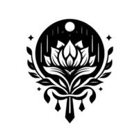 Elegant black and white illustration featuring a stylized lotus flower within a circular frame, complemented by celestial elements and decorative foliage, exuding a sense of serenity. vector