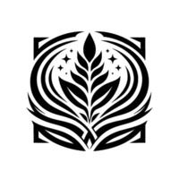A symmetrical, stylized black and white illustration of a plant with elegant leaves and star accents within a geometric frame. vector