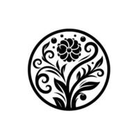 Elegant Black White Floral Motif Within a Circle A symmetrical botanical featuring a central flower, swirling vines, leaves, and decorative elements against a clean white background. vector