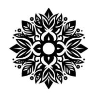 Symmetrical black and white floral featuring stylized leaves, petals, and geometric shapes radiating outwards from a central circular void. vector