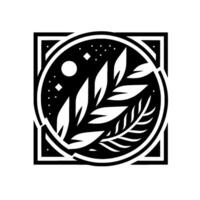 Black and white geometric featuring stylized leaves, moon, stars within a circle encased in a square with linear . vector