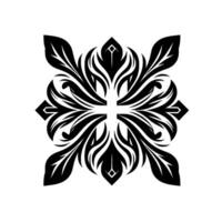 Symmetrical Black Floral with a Cross Motif, Centered on a White Background, Creating a striking balance. vector