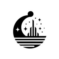 Abstract Black and White Depicting a City Skyline within a Crescent Moon with Stars and Dots. vector
