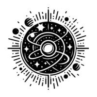 Black and White Cosmic Mandala Depicting a Celestial Core Surrounded by Planets, Stars, and Radial Lines. vector