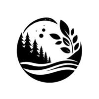 Black and White Circular Illustration Pine Trees, Foliage, Mountains, and Night Sky vector