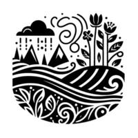Stylized monochrome circular illustration of a landscape featuring mountains, flowers, a rain cloud, and swirling elements. vector