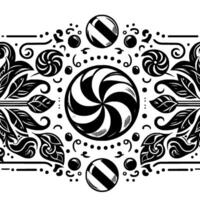 Symmetrical Black and White Pattern Abstract Floral and Candy Elements, Decorative on White Background. vector