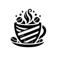 Black and white artistic depiction of a coffee cup with beans, steam, and bubbles on a white background, showcasing a modern and minimalist . vector