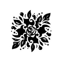 Intricate Black and White Floral Arrangement, featuring a Rose, Leaves, and Ornamental Elements, set Against a Clean White Background. vector