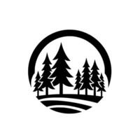 A stylized silhouette of a forest scene featuring evergreen trees and rolling hills encapsulated within a black circular frame against a white background. vector