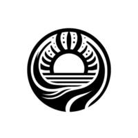 Circular Black and White Geometric Featuring a Stylized Sunset Above Wavy Water with a Decorative Crownlike Element. vector