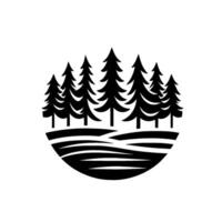 Stylized black and white featuring a forest of evergreen trees silhouetted against a white backdrop, atop a stylized curved landform. vector
