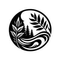 Black and White Circle with Forest Trees, Leaves, and Flowing Water, NatureThemed . vector