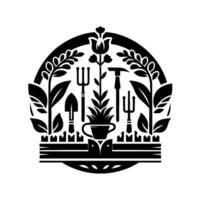 A stylized, symmetrical blackandwhite emblem featuring garden tools, foliage, and a tulip, enclosed within a circular border, evoking nature and craftsmanship. vector