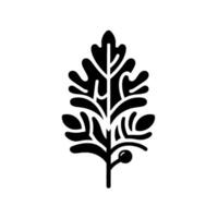 Black and white illustration of a stylized leaf and stem with a small berry, embodying minimalist on a plain white background. vector