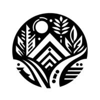 Black and white circular nature illustration featuring mountains, sun, stylized plants, and organic shapes in a minimalist, geometric style. vector