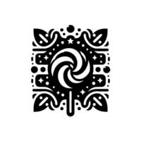 Intricate Black and White Illustration Featuring a Swirl Lollipop with Decorative Elements Like Stars, Dots, and Floral Accents. vector