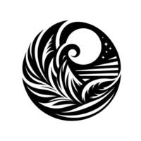 Black and white circular tattoo depicting a stylized ocean scene with waves, stars, and a moon, evoking a sense of tranquility. vector