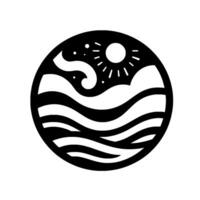 A stylized black and white circular of a serene landscape with ocean waves, sun, and stars. vector