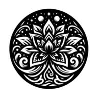 Intricate Black and White Floral Mandala in Circle, Detailed Lotus with Geometric and Swirling Ornamentation, Celestial Elements. vector