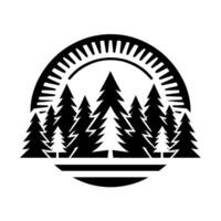 Silhouette of a Pine Forest Under a Sunrise in a Circular Frame, Emblem of Nature and Outdoors, Black White vector