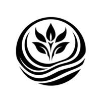 A stylized, monochromatic circular featuring a central cluster of leaves sprouting from a stem, framed by concentric circles and flowing lines representing water. vector