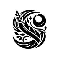 Abstract black and white artwork forming an S shape, with a stylized crescent moon, star accents, and floralfoliage details. vector