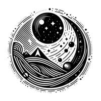 Intricate monochrome artwork showcasing celestial bodies, mountains, and flowing water, within a circular frame, evoking a sense of cosmic connection and tranquility. vector