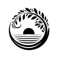 Monochrome circular featuring a stylized tree silhouette encircling a setting sun over a tranquil horizon. vector