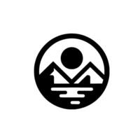 A monochrome circular depicting a simplified mountain landscape, with a sun and lake reflecting the sky within. vector