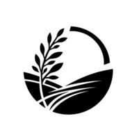 Abstract black and white emblem featuring a stylized plant amidst rolling hills, enclosed within a partially segmented circular frame. vector
