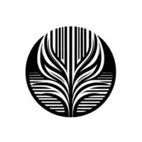 Circular, abstract, black and white botanical featuring stylized leaves and vertical lines, within a solid black circle, minimalist. vector