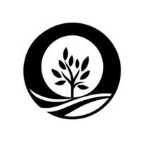 A stylized, black and white featuring a tree within a circle, suggesting growth and nature, set against a stark white background, showcasing a simple, elegant . vector