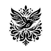 A symmetrical, minimalist black and white depicting a stylized bird with outstretched wings, surrounded by organic, florallike elements, creating a harmonious, elegant composition. vector