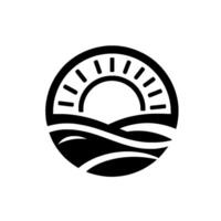 A minimalist black and white featuring a stylized sun emerging from behind rolling waves, all enclosed within a circular frame. vector