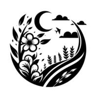 Black and white nature illustration in circular frame, featuring flowers, plants, crescent moon, clouds, and a bird silhouette. vector