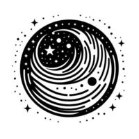 Intricate Black and White Circular Depicting a Starry Night Sky within a Swirling Universe, Decorated with Stars. vector