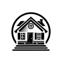 Monochromatic House Emblem in Circle Simple House Depicting Architectural and Real Estate Concepts, with a Front View Depiction of Door and Windows. vector