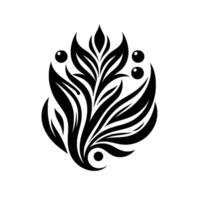 Elegant Black and White Floral featuring stylized leaves and orbs, arranged in a symmetrical, decorative composition against a stark white background. vector