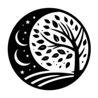 A black and white illustration depicting a tree in a halfmoon, with stars and crescent moons adorning the night sky, encased in a circle. vector