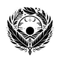 Intricate Black and White Circular Emblem Featuring Feathers, Mountains, Moons, and a Sun, Mystical and Ornamental. vector